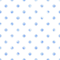 Seamless blue-white watercolor pattern. Print polka dot for textile. Handwork with a brush on paper. Vector illustration.