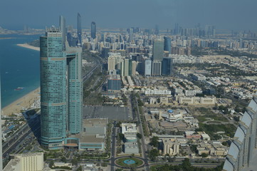 Bird's eye and aerial view of Abu Dhabi city from observation deck