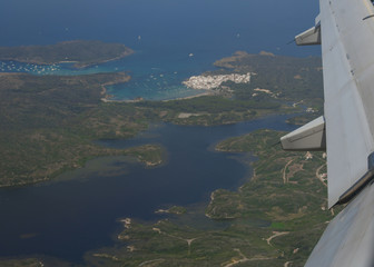 Aerial view of Des Grau beach in Menorca