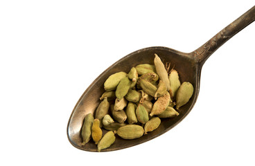 Dry fennel seeds in a spoon isolated on a white background. Seasoning on isolate. View from above. Close-up.