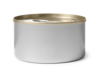 Closed tin can isolated on white, mockup for design