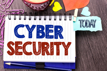 Handwriting text writing Cyber Security. Concept meaning Online prevention of attacks Viruses Encrypt Information written Notebook Book the Wooden background Today Hearts Pins next to it.