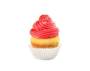 Tasty birthday cupcake with cream on white background
