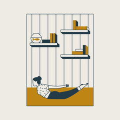 Young woman sitting in yoga posture and meditating. Girl doing aerobics exercise and meditation at home. Concept of physical and spiritual practice. Locust pose. Vector illustration 