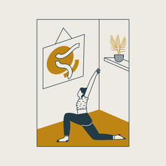 Young woman sitting in yoga posture and meditating. Girl doing aerobics exercise and meditation at home. Concept of physical and spiritual practice. Low lunge pose. Vector illustration 