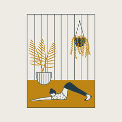 Young woman sitting in yoga posture and meditating. Girl doing aerobics exercise and meditation at home. Concept of physical and spiritual practice. Puppy dog straight legs pose. Vector illustration 