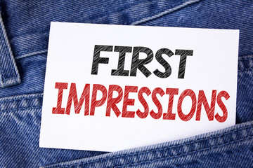 Text sign showing First Impressions. Conceptual photo Encounter presentation performance job...