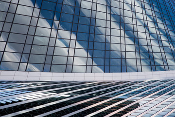 District of business centers. Glass skyscrapers facade. Architecture background.