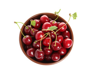 Ceramic bowl of delicious ripe sweet cherries on white background, top view