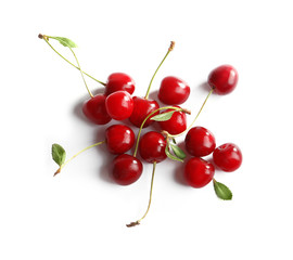 Fototapeta na wymiar Pile of delicious ripe sweet cherries on white background, top view