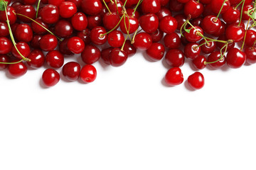 Delicious ripe sweet cherries on white background, top view