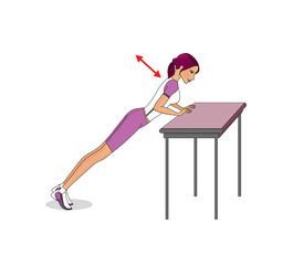Workout at home - arms. Girl exercises push-ups. Isolated on a white background