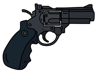 The hand drawing of a modern black heavy short revolver