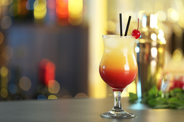 Just made appetizing cocktail Sex on the Beach in bar. Space for text
