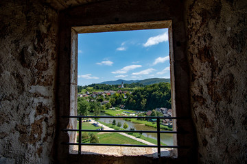 The castle Žužemberk ( Zuzemberk, Seisenburg, Sosenberch) is positioned on the terrace above the Krka River Canyon, Central Slovenia.