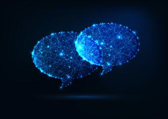 Two futuristic glowing low polygonal speech bubbles isolated on dark blue background.