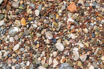 Different sized wet stone pebbles at the beach. Stone background image.