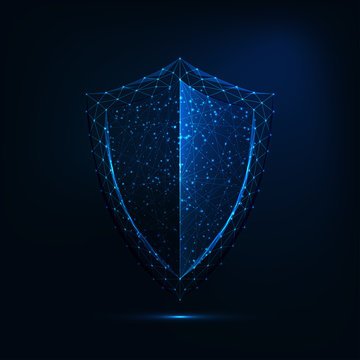 Futuristic glowing low polygonal guard shield symbol isolated on dark blue background.