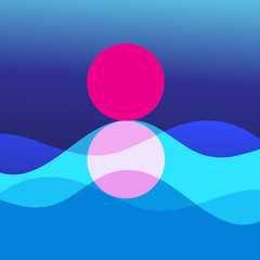 Vector graphic illustration of abstract landscape with sunny sunset