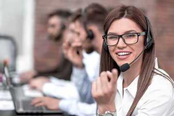 female call center operator pointing at you