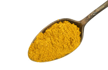 Turmeric powder in an old spoon on an isolated white background. View from above. Spices in a spoon on isolate.