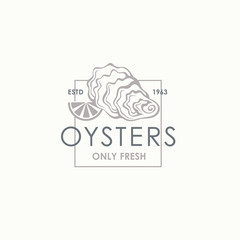 label of fresh oyster shell and lemon isolated on light background