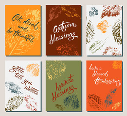 Set of thanksgiving greeting cards for holiday design with lettering and natural multicolored leaves. Suitable for postcard, banner, tag, bag, textile.