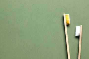 Two Bamboo Toothbrushes on a green background