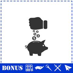 Piggy bank and hand with coin icon flat