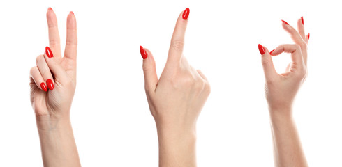 Set of female hands isolated on a white background. Ok sign.