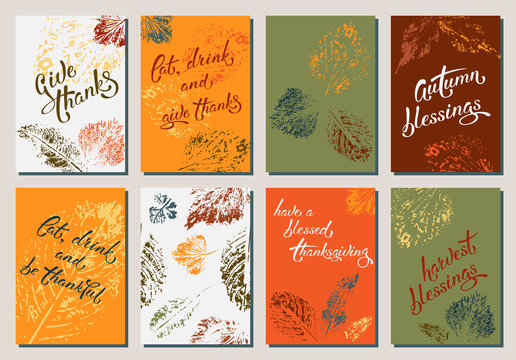 Set of thanksgiving greeting cards for holiday design with lettering and natural multicolored leaves. Suitable for postcard, banner, icon, logo, tag, bag, t-shirt.