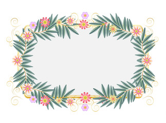 Floral Vintage Decorative Frame. Holiday decoration pink Flowers, eucalyptus green leaves, blank page template vector wallpaper sign