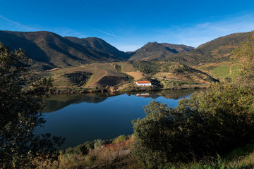 Scenic view of the Douro River with terraced vineyards near the village of Foz Coa, in Portugal; Concept for travel in Portugal and most beautiful places in Portugal