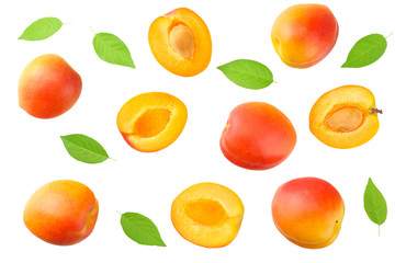 apricot fruits with slices and green leaf isolated on white background. top view