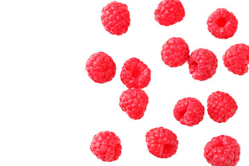 ripe raspberries isolated on white background. top view
