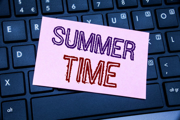 Handwriting Announcement text showing Summer Time. Business concept for Holiday Travel Welcome written on sticky note paper on black keyboard background.