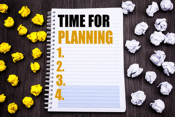 Conceptual hand writing text caption showing Time For Planning. Business concept for Organize Project Plan Written notepad note notebook book wooden background with sticky folded yellow and white