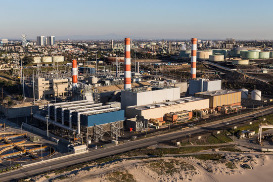 Aerial view of Scattergood Steam Plant electric power generating facility near Dockweiler state beach on December 17, 2016 in Los Angeles, California, USA.