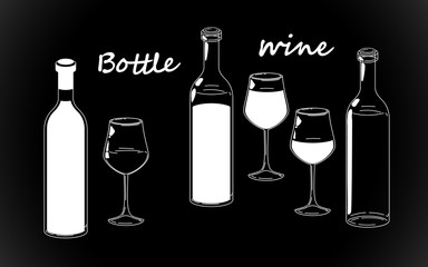 Set retro white bottle, line drawing glasses and wine silhouettes, old fashioned vintage hand drawing on black background. Vector illustration isolated. Eps 10
