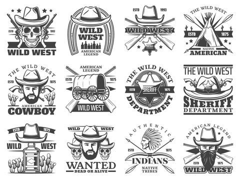 Wild West icons of cowboy, skull, sheriff, bandit