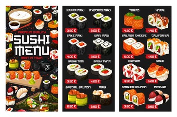 Japanese sushi roll, nigiri and temaki menu