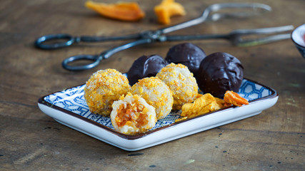 vegan raw chocolatу sweets, gluten free, sugar free,  mango, lemon and green matcha tea, healty food