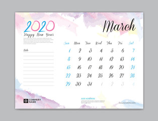 Desk Calendar for 2020 year, March 2020 template, week start on sunday, planner design, stationery, business printing, watercolor background, vector eps10,  8 x 6 inch size
