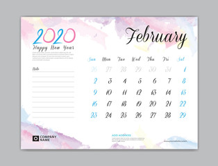 Desk Calendar for 2020 year, February 2020 template, week start on sunday, planner design, stationery, business printing, watercolor background, vector eps10,  8 x 6 inch size