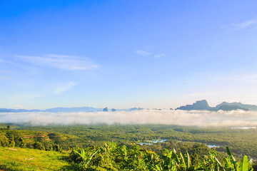 Morning light tour with mountains near the sea, Samed Nang Chee viewpoint tropical zone in Phang Nga Thailand.