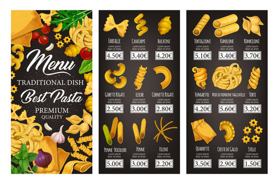 Italian pasta menu of spaghetti, penne, macaroni