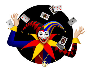 Joker with playing cards in black round frame - obrazy, fototapety, plakaty