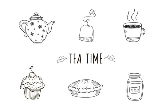 Theme of tea. A set of vector illustrations by hand in the style of a doodle. Food drawings