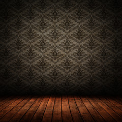 dark interior room with baroque wallpaper