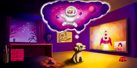 puppy watching tv dreams of flying into space. Carton style illustration